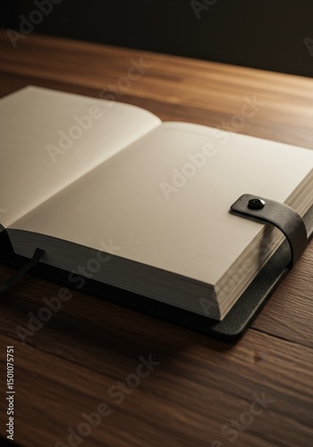 Open Notebook On Wooden Table With Leather Band And Blank Pages Photo