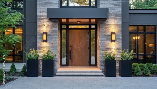 Modern home entrance with stone facade and wooden door