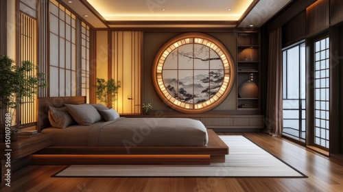 Serene bedroom with minimalist Japanese design, featuring a large circular window and wooden platform bed