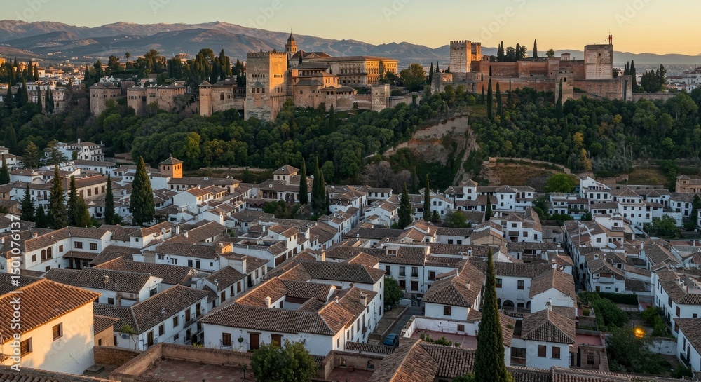 Fototapeta premium Panoramic Photo of Granada City and Alhambra Fortress at Sunset in Spain