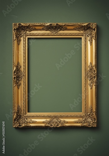 Ornate Gold Frame On A Green Wall Realistic Photo Empty Inside