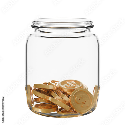A clear glass jar with a small number of coins inside, representing modest savings, budgeting beginnings, pocket change storage, or minimal financial reserves.