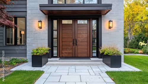 Modern house entrance with a double-door entryway, stone facade, and landscaping