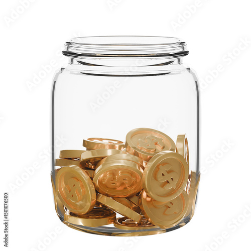 A transparent glass jar part filled with coins. spare change concept, Savings, budgeting, financial growth, or collecting