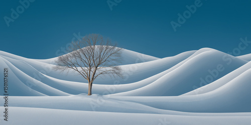 Bare tree in undisturbed snowy dunes