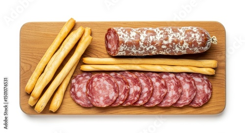Overhead Photo of Sliced Salami Breadsticks on Wooden Board Photo