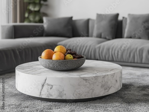 A modern living room scene features a round marble coffee table with a bowl of fruit centered on it.  A gray sectional sofa dominates the background