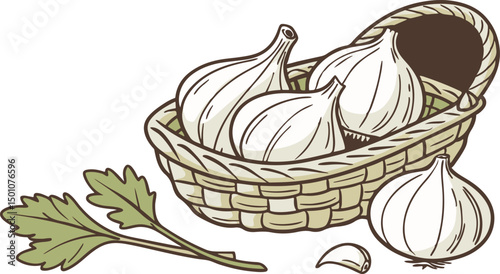 Garlic Cloves in a Rustic Basket on White Background