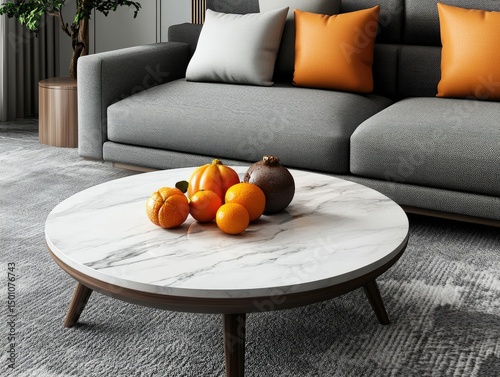 A round coffee table with decorative fruit and a modern living room