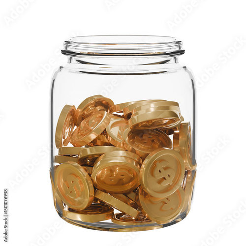 A transparent glass jar part filled with coins. spare change concept, Savings, budgeting, financial growth, or collecting