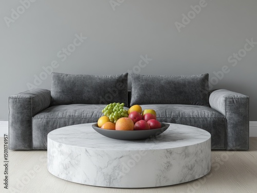 Modern living room scene with grey couch and fruit bowl on marble coffee table