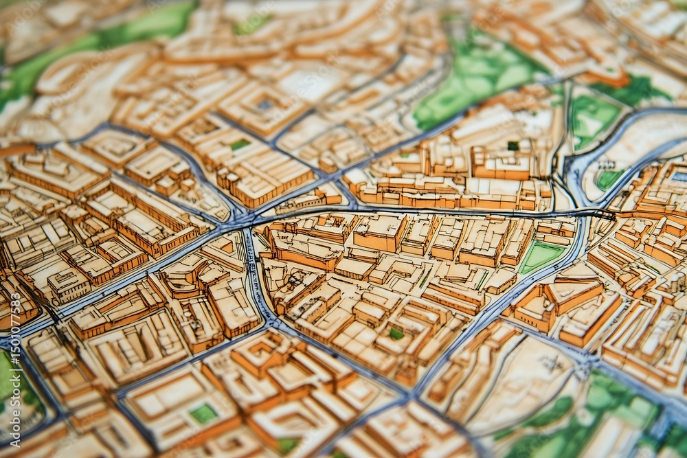 Obraz premium A detailed map displaying city streets and buildings from an aerial viewpoint