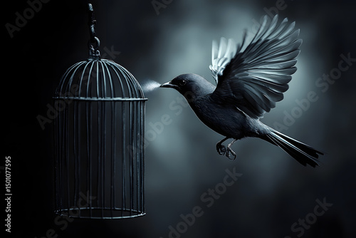 A Hauntingly Beautiful High Contrast Photograph of a Bird Escaping an Open Cage, Symbolizing Freedom, Hope, and Overcoming Obstacles in Life's Journey photo