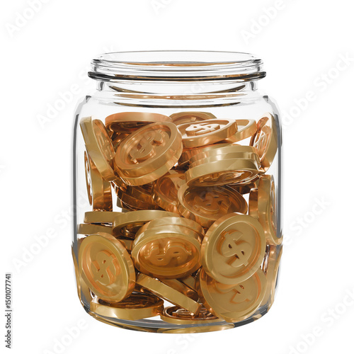 A transparent glass jar filled with coins. spare change concept, Savings, budgeting, financial growth, or collecting