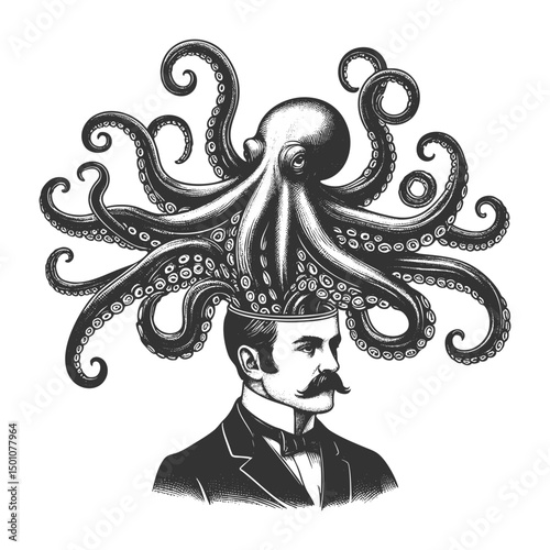 man with the top of his head open, revealing an octopus emerging as his brain sketch engraving generative ai fictional character vector illustration. Scratch board imitation. Black and white image.