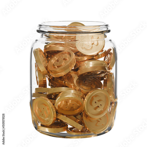 A transparent glass jar filled with coins. spare change concept, Savings, budgeting, financial growth, or collecting