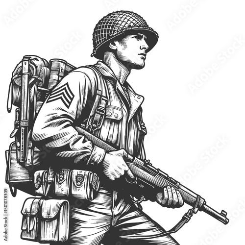 World War II-era soldier in full gear holding a rifle, ready for combat sketch engraving generative ai fictional character vector illustration. Scratch board imitation. Black and white image.