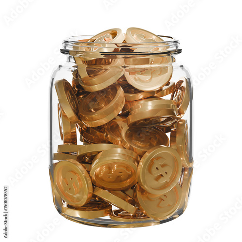 A transparent glass jar filled with coins. spare change concept, Savings, budgeting, financial growth, or collecting
