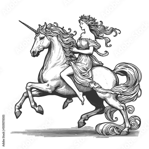 glamorous woman in vintage clothing riding a mythical unicorn sketch engraving generative ai fictional character vector illustration. Scratch board imitation. Black and white image.