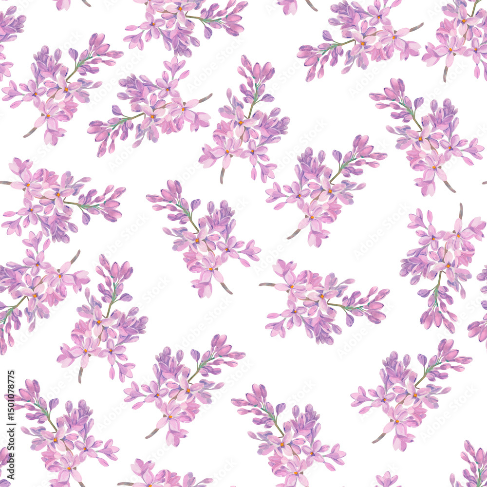 Obraz premium Pink lilac flower. Watercolor seamless pattern with lilac isolated on white background. Floral design template for wedding invitation, greeting card, notebook cover, flyer or certificate