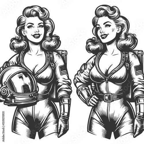 female astronauts in space suits, one holding a helmet, evoking space exploration themes sketch engraving generative ai vector illustration. Scratch board imitation. Black and white image.