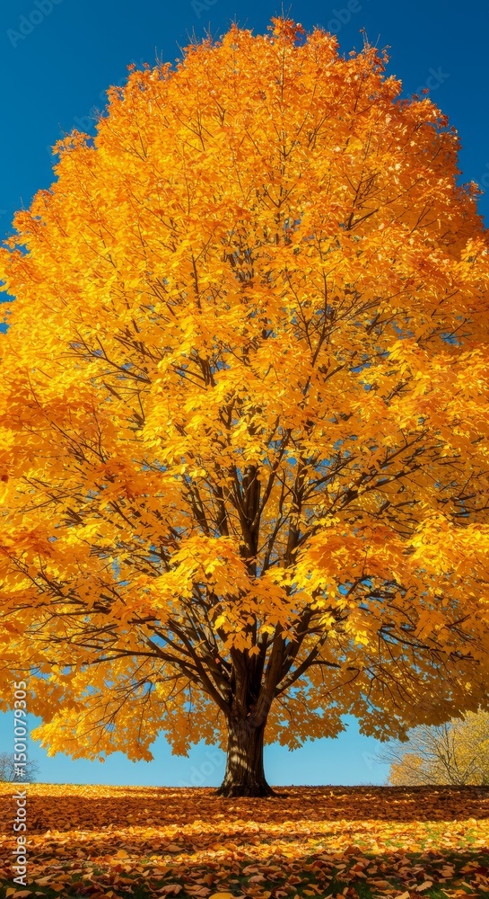 Naklejka premium Photo A Tall Tree Displays Yellow Autumn Foliage Against Blue Sky Background