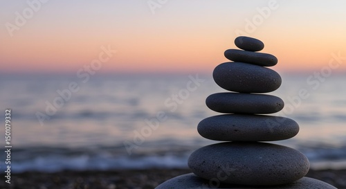 a balanced stack of smooth stones against the tranquil sea and sky backdrop