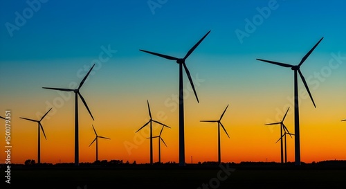 Wind turbines generating clean energy at sunset. The sky is painted with vibrant colors as the turbines harness the power of the wind.