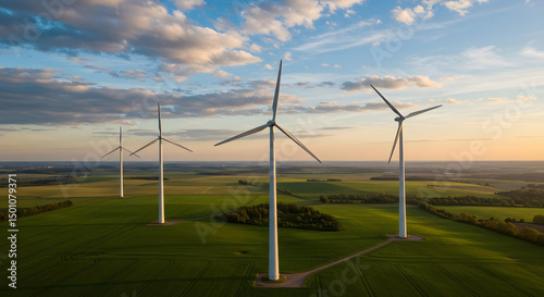 A striking photo capturing a row of wind turbines generating clean energy. The blades spin gracefully, showcasing a commitment to sustainability