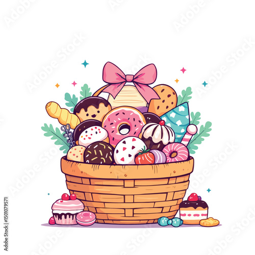 Vsai wicker basket overflowing with delicious treats and decorated with a pink bow