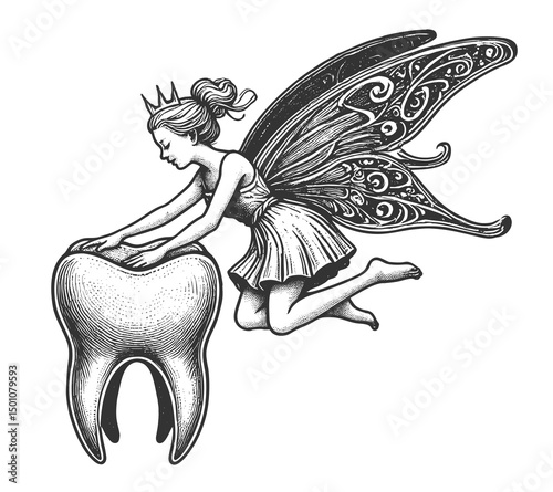 whimsical tooth fairy holding a large tooth sketch engraving generative ai fictional character vector illustration. Scratch board imitation. Black and white image.