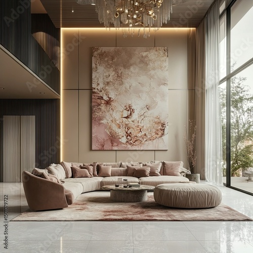A modern, sophisticated living room features a curved sectional sofa, a large abstract painting, and floor-to-ceiling windows.  Neutral tones dominate the space, creating a serene atmosphere