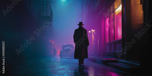 Man in noir trench coat walking beside classic car