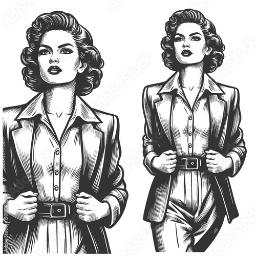 businesswoman with voluminous curly hair wearing a formal suit and blouse sketch engraving generative ai fictional character vector illustration. Scratch board imitation. Black and white image.