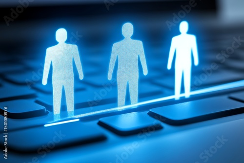 Three glowing human figures standing on a keyboard, connected by a line, symbolizing customer feedback and improvement