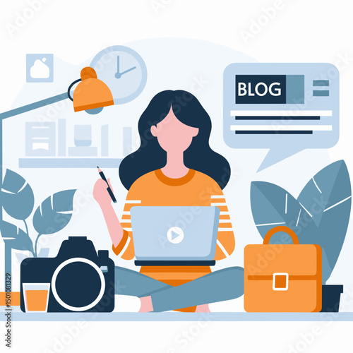 Woman blogging while sitting on the floor with a laptop and camera  