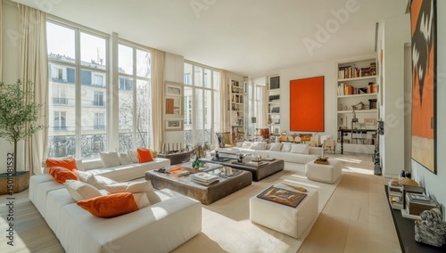 Spacious, sun-drenched Parisian apartment with modern, light-filled living area