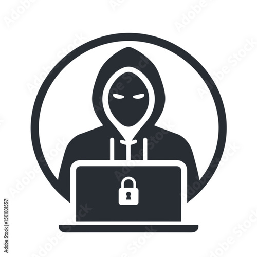 Hacker in hoodie working on laptop with padlock symbol