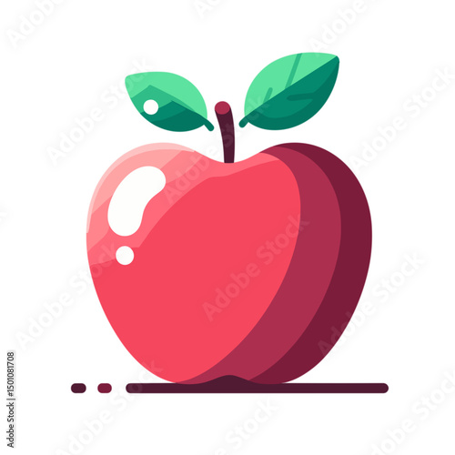 Red apple with green leaves in flat design style  