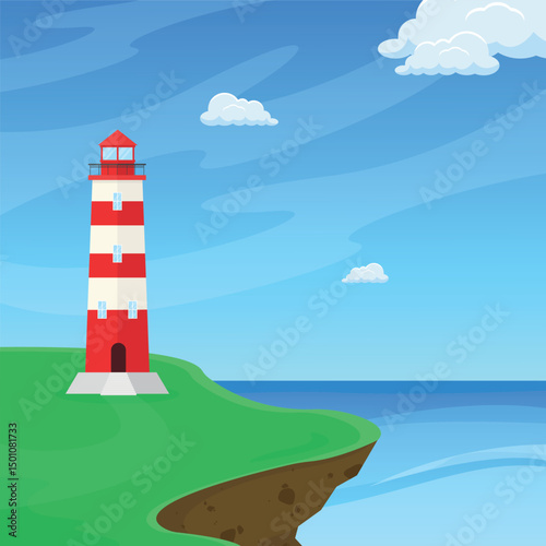Landscape with a lighthouse on the edge of the coast. Marine architecture. Coastal lighthouse.