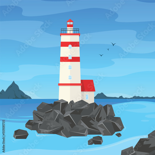 Landscape with a lighthouse and a house on rocks in the water. Coastal lighthouse. Navigation tower.