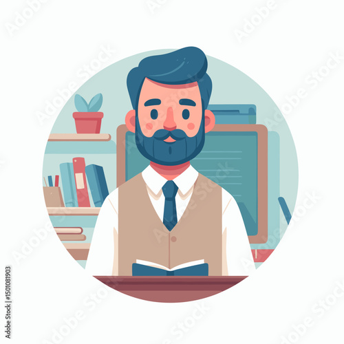 Professional man reading book in study with bookshelves behind  