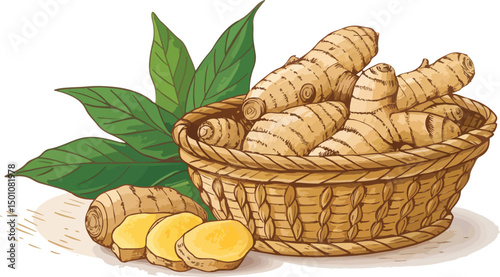 Ginger Root in Basket White Background Vector Illustration