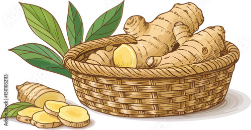 Fresh Ginger Root in Woven Basket White Background Illustration