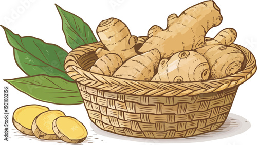 Ginger Root in Basket White Background Vector Illustration
