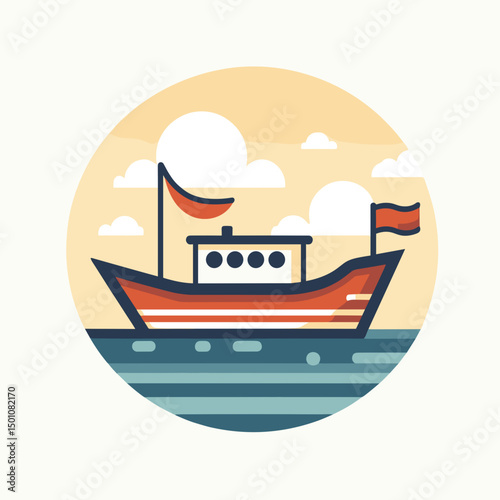 Colorful fishing boat sailing on the sea with flags in the afternoon  