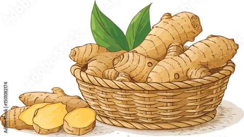 Ginger Root in Basket White Background Vector Design