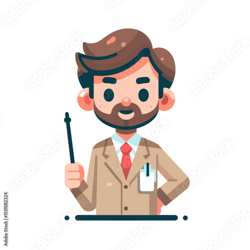 Cartoon teacher smiling while holding a pointer in a classroom  