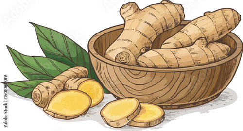 Ginger Root in White Bowl Vibrant Vector Background