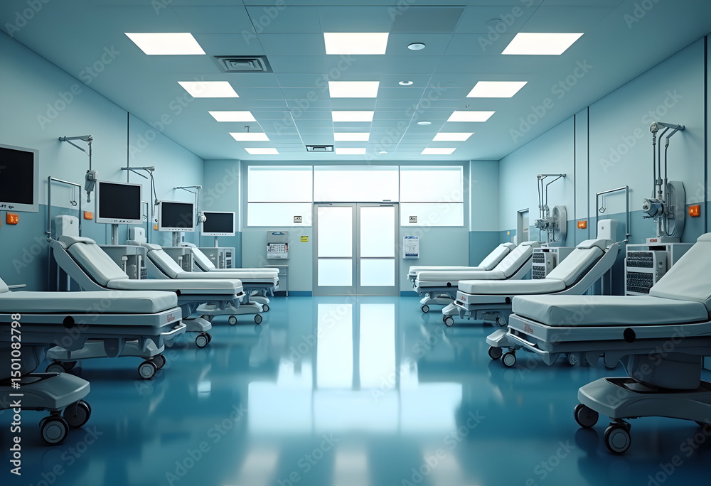Fototapeta premium Hospital emergency ward with advanced equipment and empty patient beds, clean interior